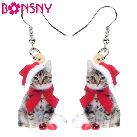 Christmas Tabby Cat Dangle Earrings in santa hat and big red bow