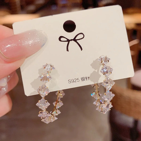 Womens Luxury Large Hoop Earrings Gold Color Double Zircon Stone
