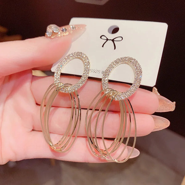 Womens Luxury Large Hoop Earrings Gold Color Double Zircon Stone