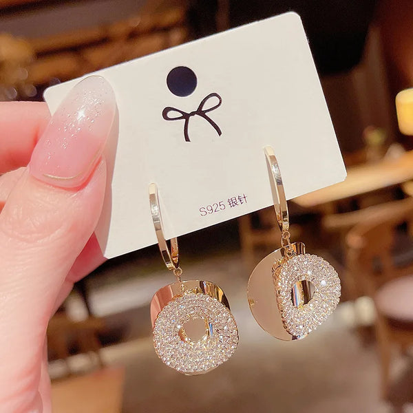 Womens Luxury Large Hoop Earrings Gold Color Double Zircon Stone