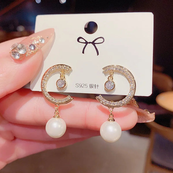 Womens Luxury Large Hoop Earrings Gold Color Double Zircon Stone