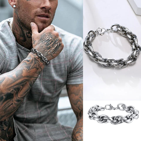 Mens Twisted Rope Chain Bracelet Thick & Heavy Stainless Steel Cage Link