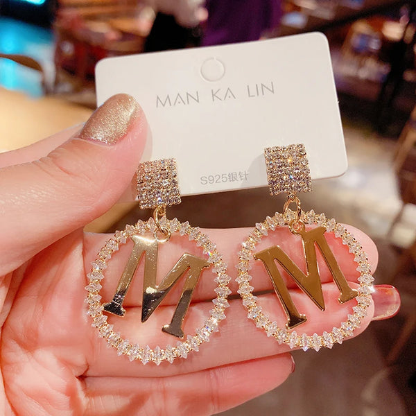 Womens Luxury Large Hoop Earrings Gold Color Double Zircon Stone