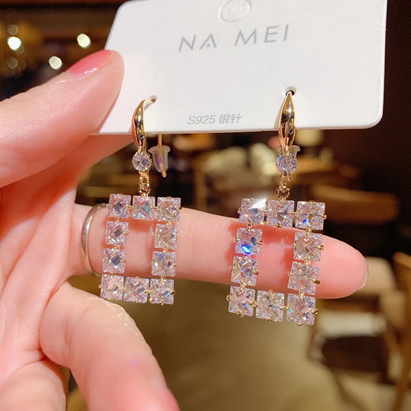 Womens Luxury Large Hoop Earrings Gold Color Double Zircon Stone