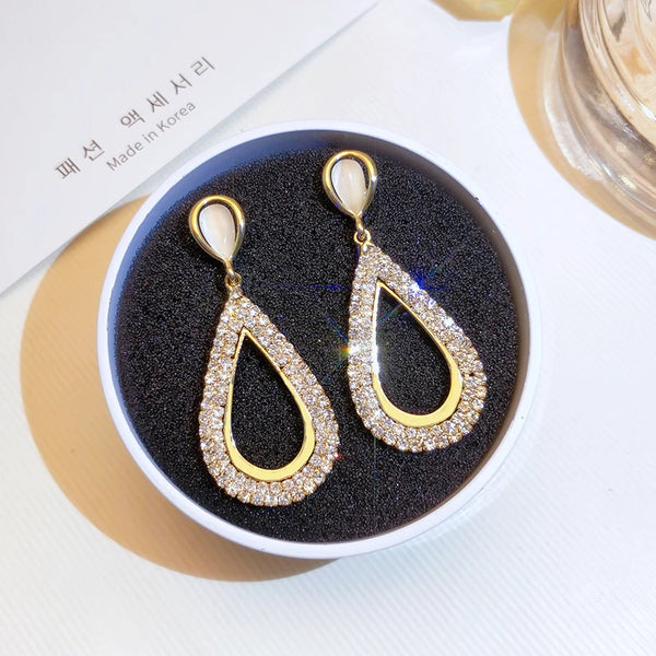 Womens Luxury Large Hoop Earrings Gold Color Double Zircon Stone