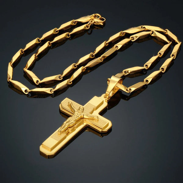 Mens Gold Color Stainless Steel Chain Necklace Crucifix