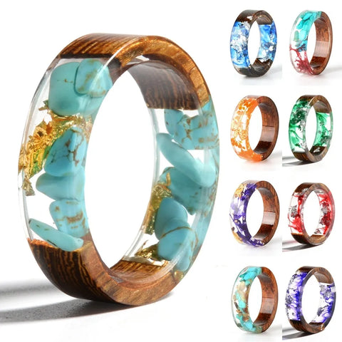 Mens and Womens Handmade Wood Resin Ring with flowers and stones