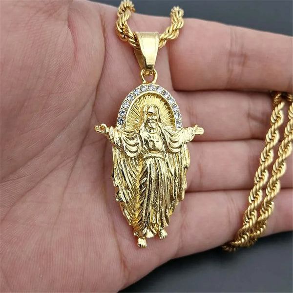 Mens Gold Color Stainless Steel Twisted Chain Crucifix Necklace