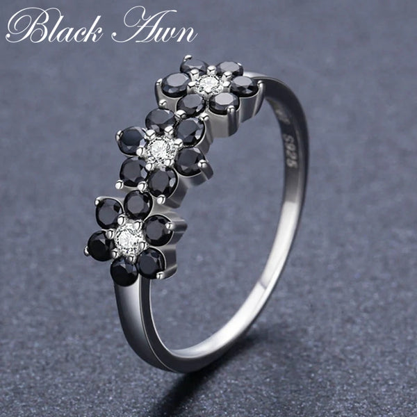 Womens BLACK AWN Silver Color Flower Ring