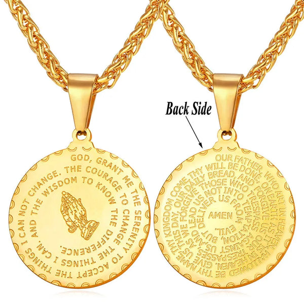 Mens Round Coin Praying Hands Bible Verse Necklace