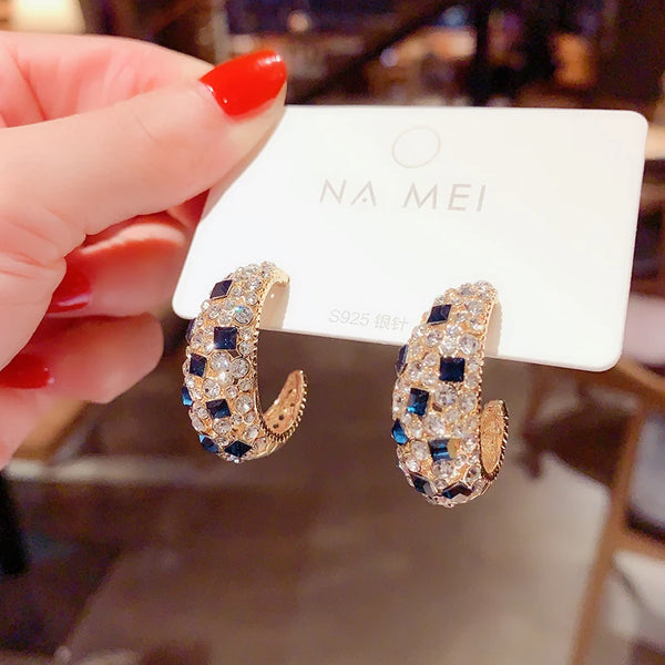 Womens Luxury Large Hoop Earrings Gold Color Double Zircon Stone