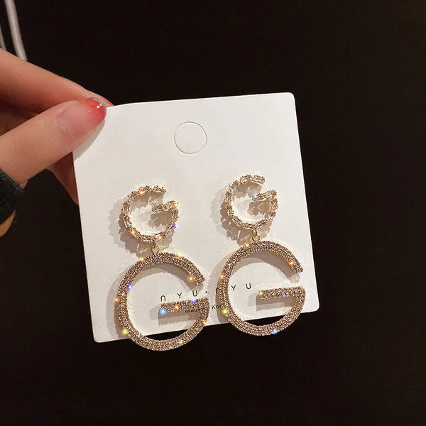 Womens Luxury Large Hoop Earrings Gold Color Double Zircon Stone