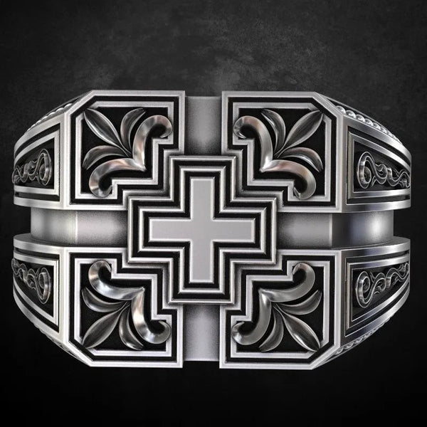 S925 Vintage Thai Silver Carved Christian Cross Ring