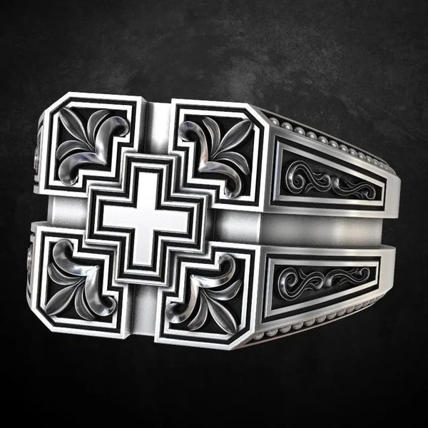 S925 Vintage Thai Silver Carved Christian Cross Ring