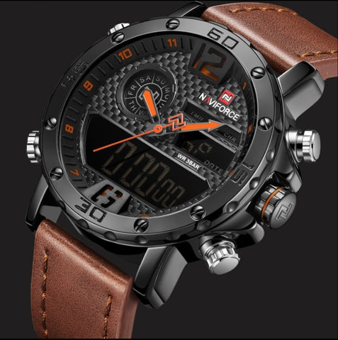 Mens NAVIFORCE Military Leather Watch - 30M Alarm Analog Digital Quartz Clock