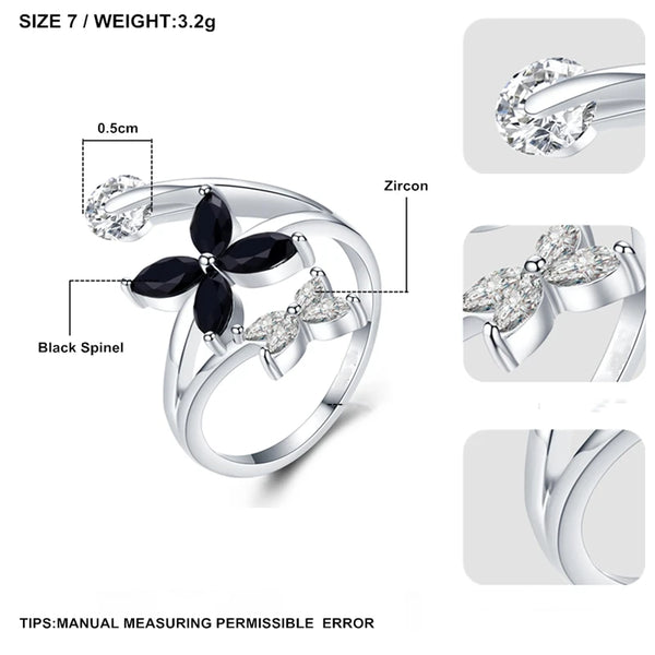 Womens Black Awn and White Silver Color Flower Ring