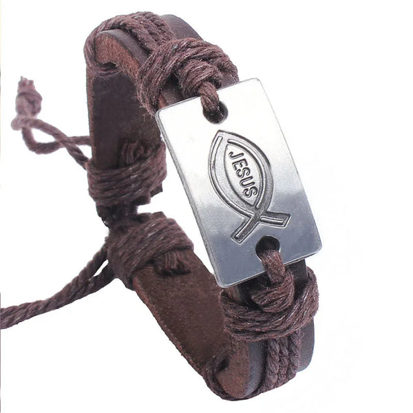 Mens/Womens Stringed Leather Christian Fish Bracelet