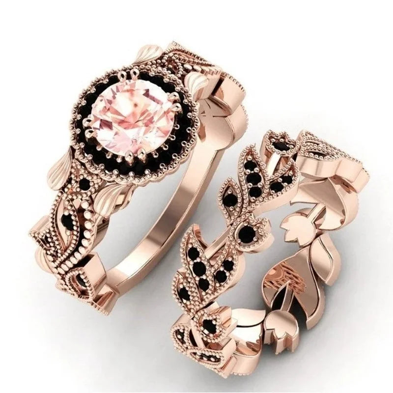 Womens 2 Pc Exquisite Vintage Flower Vine Inlaid with Champagne Stones Ring