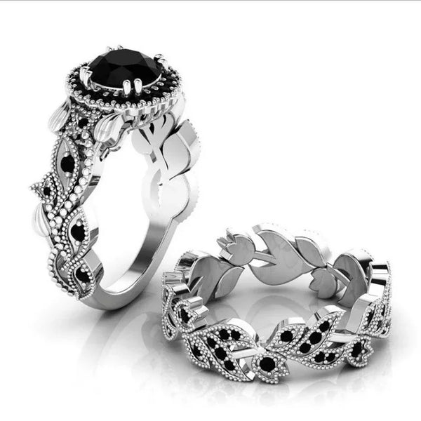 Womens 2 Pc Exquisite Vintage Flower Vine Inlaid with Champagne Stones Ring