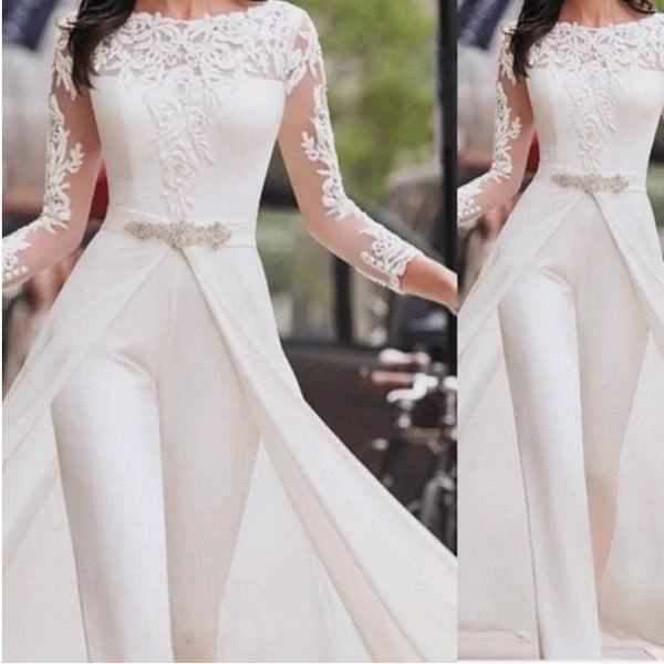 Womens Elegant White Long Sleeve Lace High Waist Cloak Pencil Pants Jumpsuit