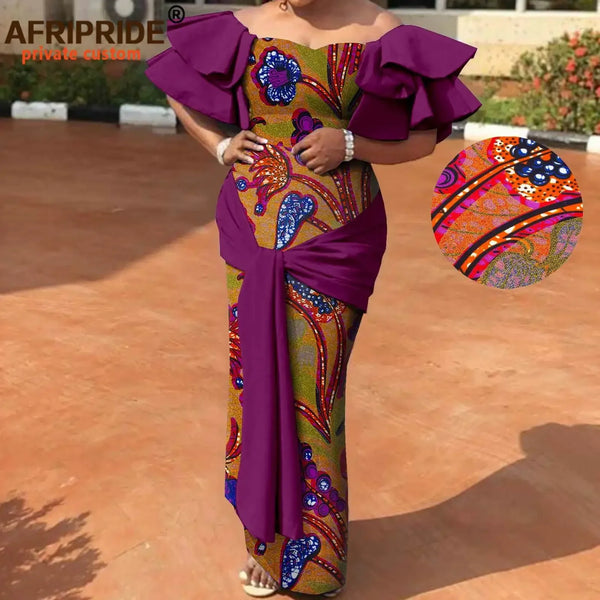 Womens African Strapless Off Shoulder High Waist Maxi Dress with Wrap