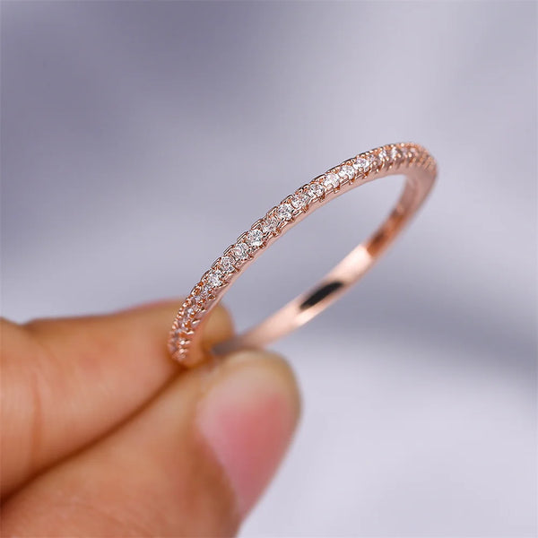 Women's Thin Single Row Small Pave Stone Band Ring Rose Gold