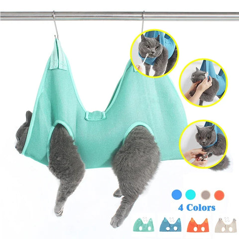 Cat hanging in a harness suspended from a metal bar with paws and head exposed