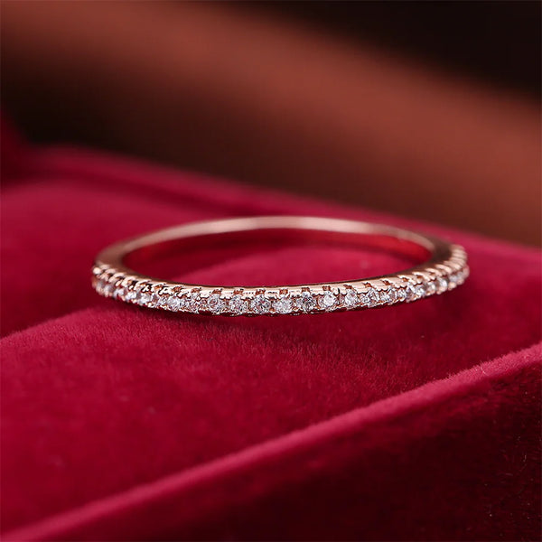 Women's Thin Single Row Small Pave Stone Band Ring Rose Gold