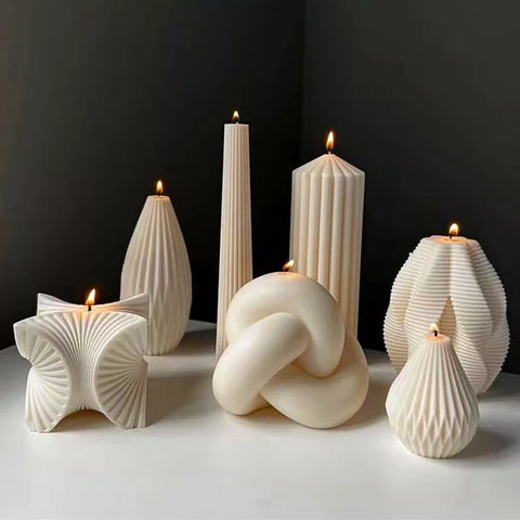 Candles geometrical shapes silicone striped cylinder knot molds Ivory White