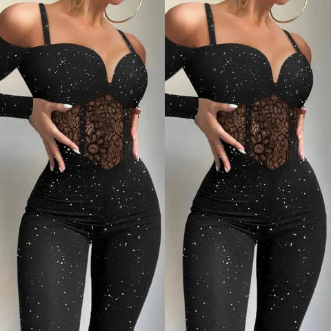 Womens Elegant Sexy Hollow Out Strapless Long Sleeve Skinny Jumpsuit