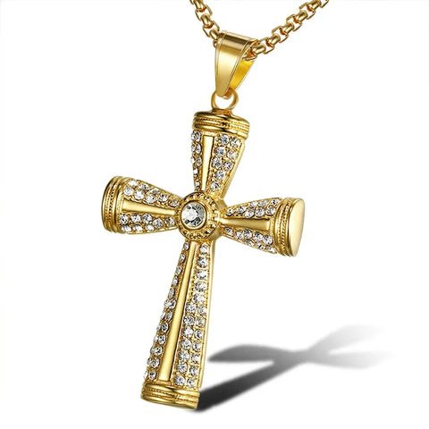 Gold Color Stainless Steel Cross Necklace with Diamond CZs