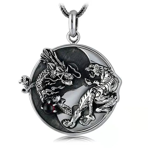 Mens Metal Vintage Knight Crusader Necklace Tiger and Dragon Fighting