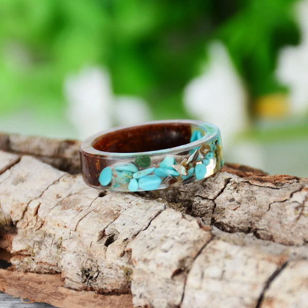 Mens and Womens Handmade Wood Resin Ring with flowers and stones