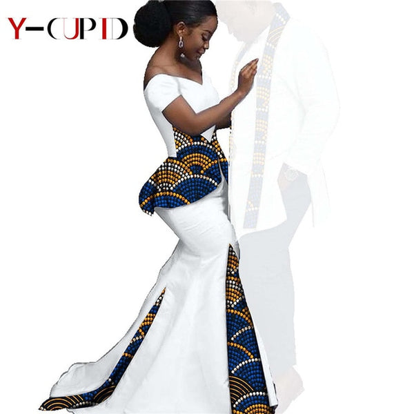 Couples African Clothing Long Mermaid Dresses Matching Mens Shirt w Print Scarf