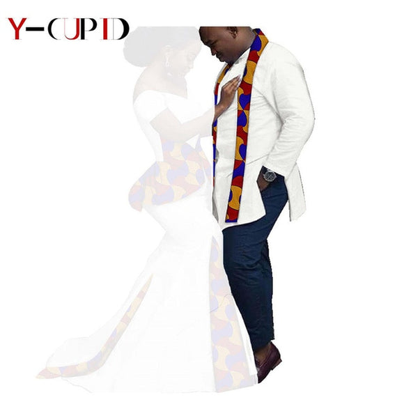 Couples African Clothing Long Mermaid Dresses Matching Mens Shirt w Print Scarf