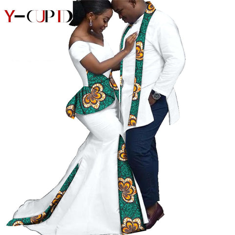 Couples African Clothing Long Mermaid Dresses Matching Mens Shirt w Print Scarf white teal & yellow