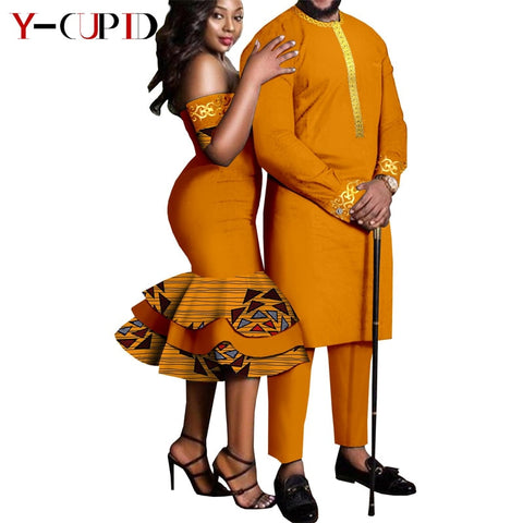 Couples African Dashikis Mermaid Dresses Mens Outfit Orange and gold