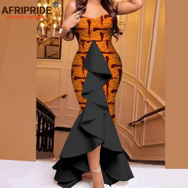 Womens African Strapless High Waist Sleeveless Maxi Dresses