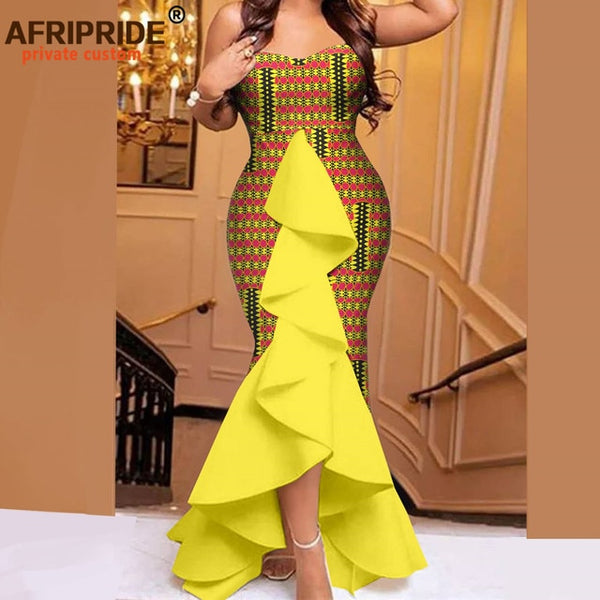 Womens African Strapless High Waist Sleeveless Maxi Dresses