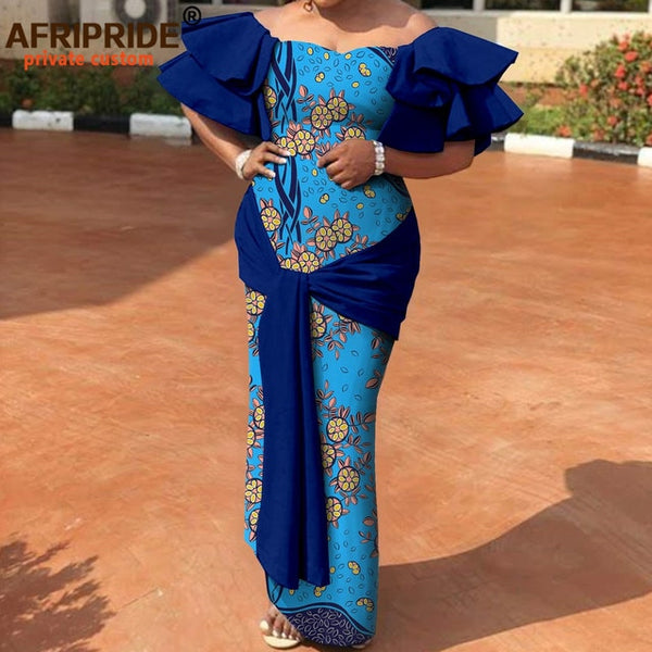 Womens African Dashiki Strapless Off Shoulder High Waist Maxi Dresses