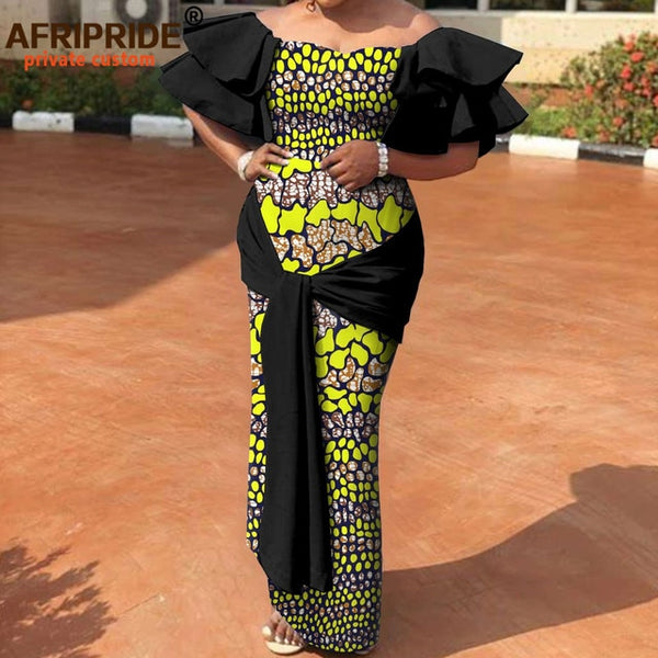 Womens African Dashiki Strapless Off Shoulder High Waist Maxi Dresses