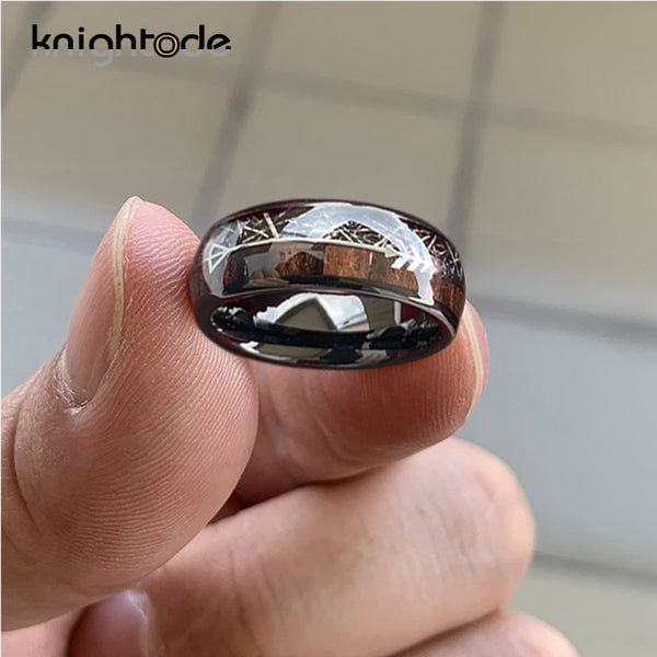 Mens Black Meteorite/Koa Wood Inlay Black Tungsten Ring