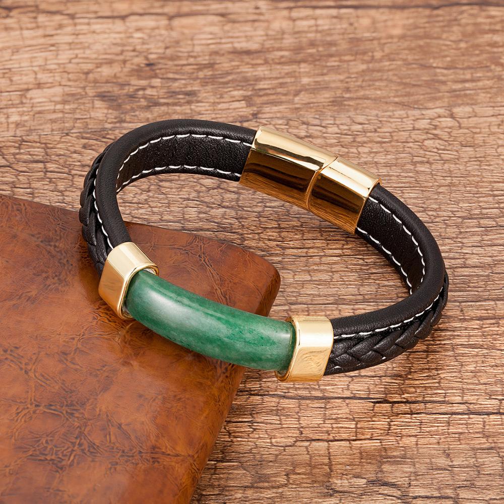 Mens Natural Stone Bracelet  Genuine Leather Stainless Steel Magnet Clasp