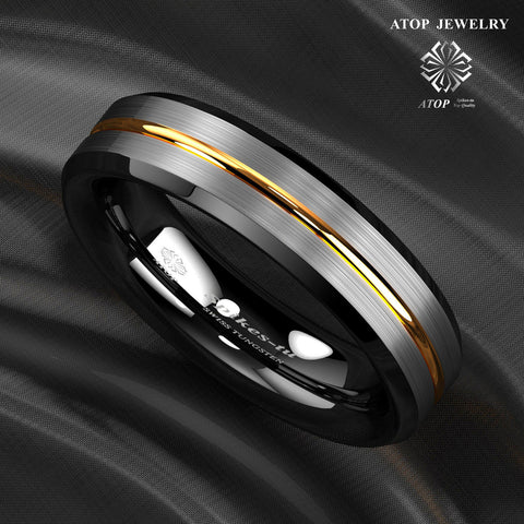 Mens Silver Brushed Black Edge Tungsten Rings Gold Stripe ATOP