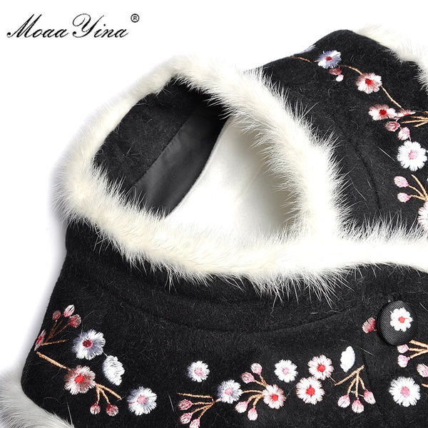 Womens Woolen Designer Coat Rabbit Fur Collar Elegant Embroidery