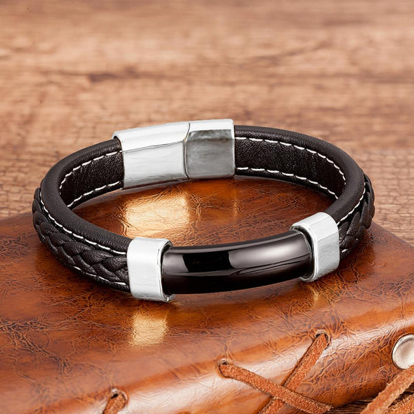 Mens Natural Stone Bracelet  Genuine Leather Stainless Steel Magnet Clasp