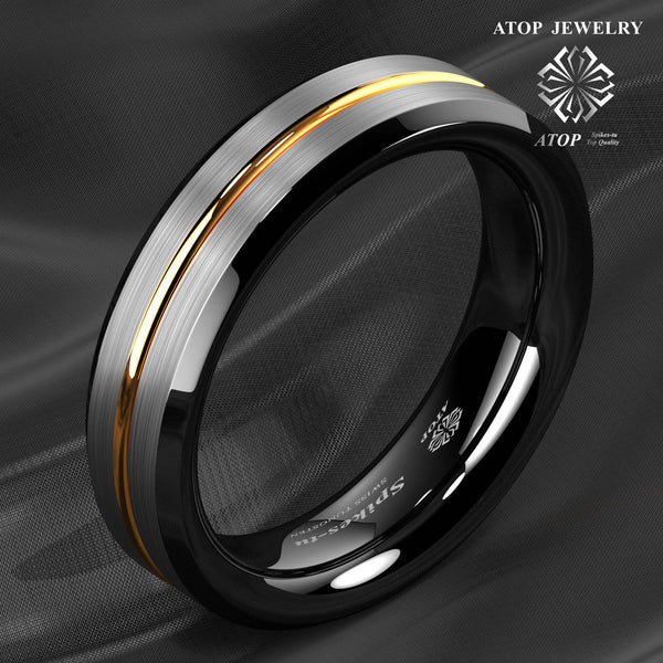 Mens Silver Brushed Black Edge Tungsten Rings Gold Stripe ATOP
