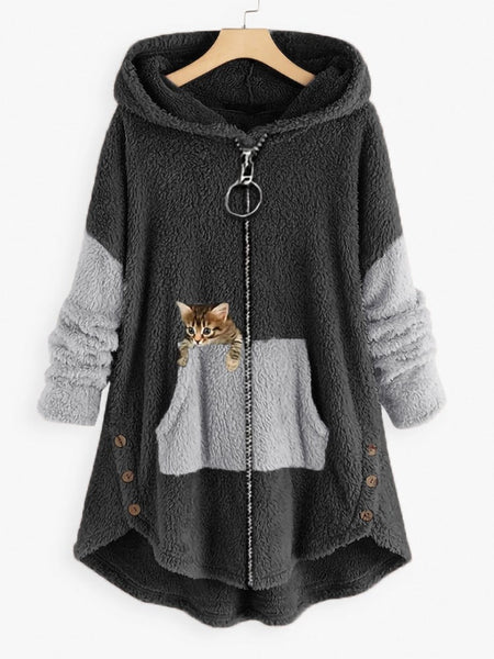 Womens Warm Fleece Zippered Cat Print Hoodies