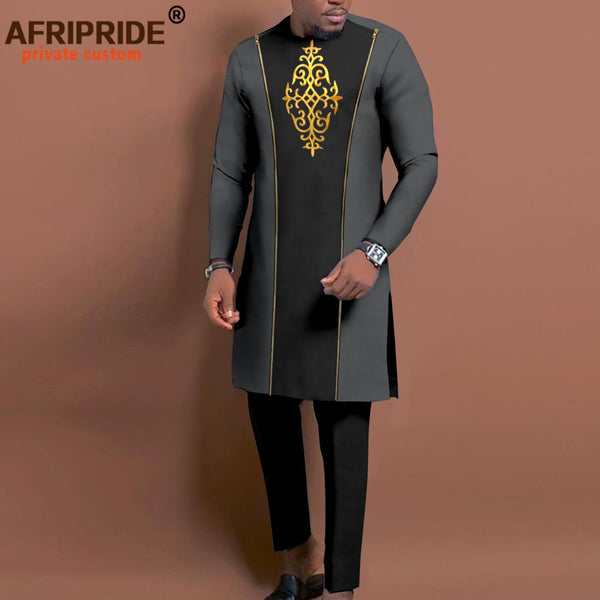 Mens African Suit Embroidered Formal Jacket & Trousers 2 Piece Dashiki Set