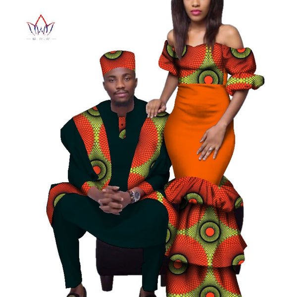 African Couples Clothing Women Bazin Riche Long Dresses Men Print Gown Top and Pants